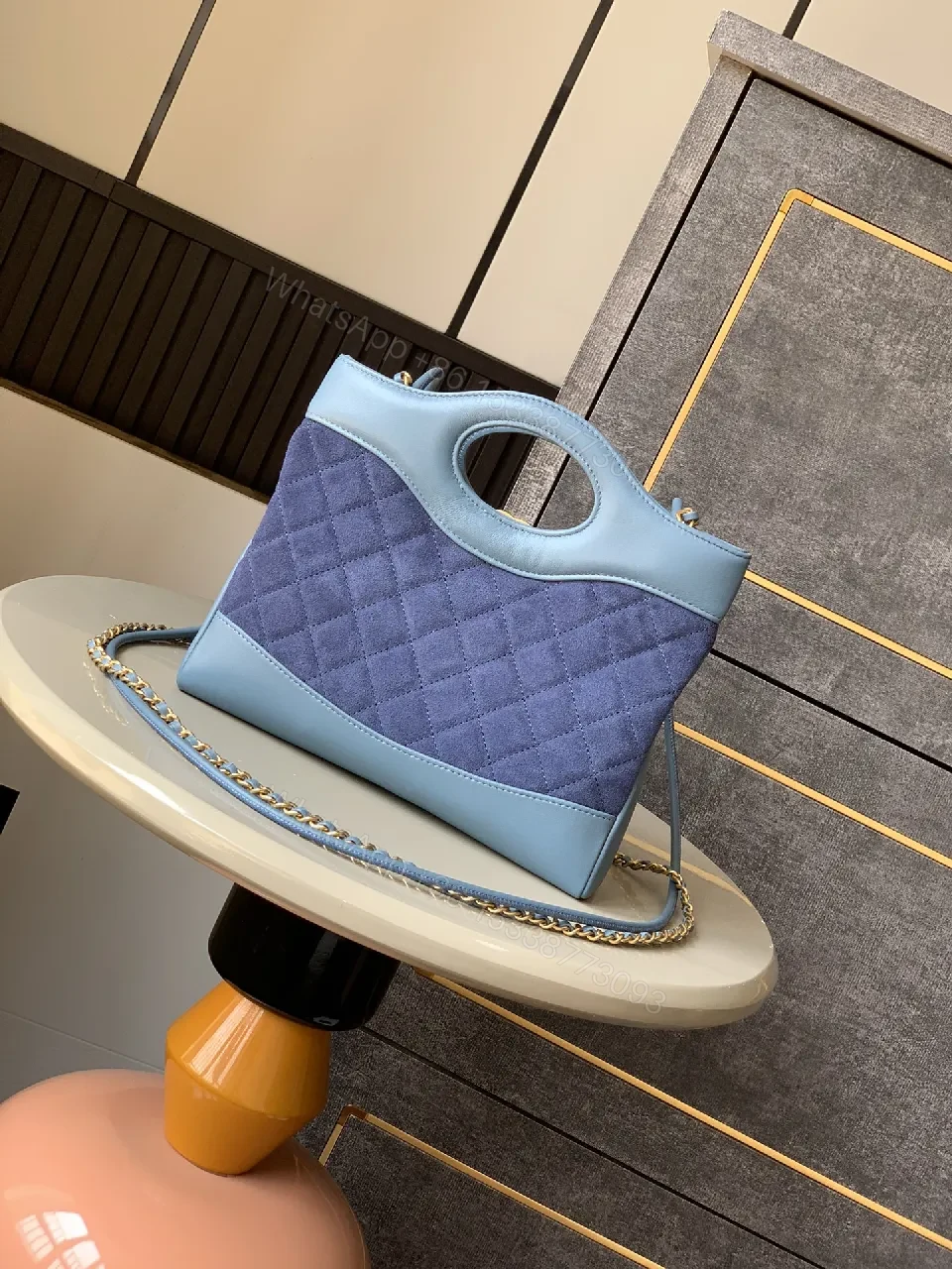 View 2 of Quilted Mint-Blue Tote with Gold Hardware, Chic Style