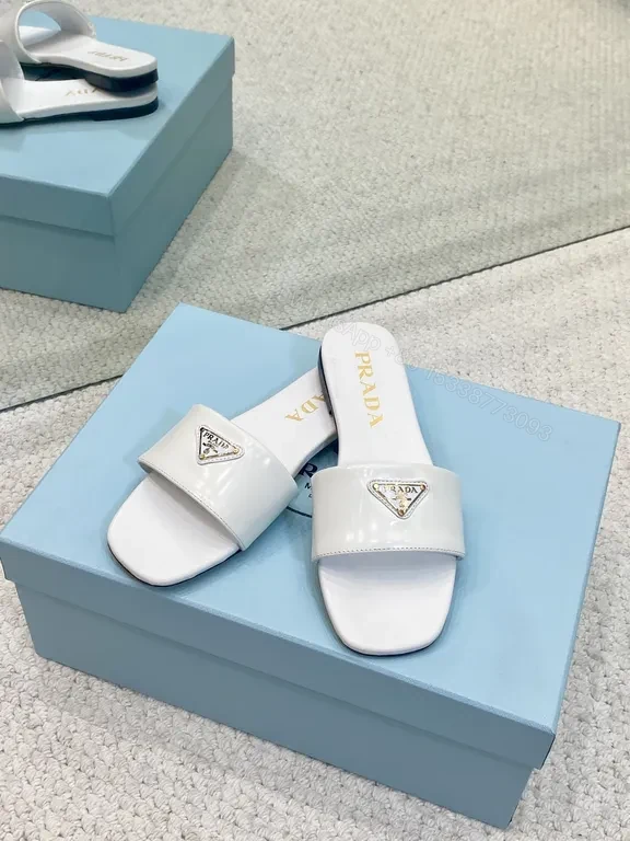 View 6 of Chic White Prada Logo Slide â€” Minimalist Luxury Footwear