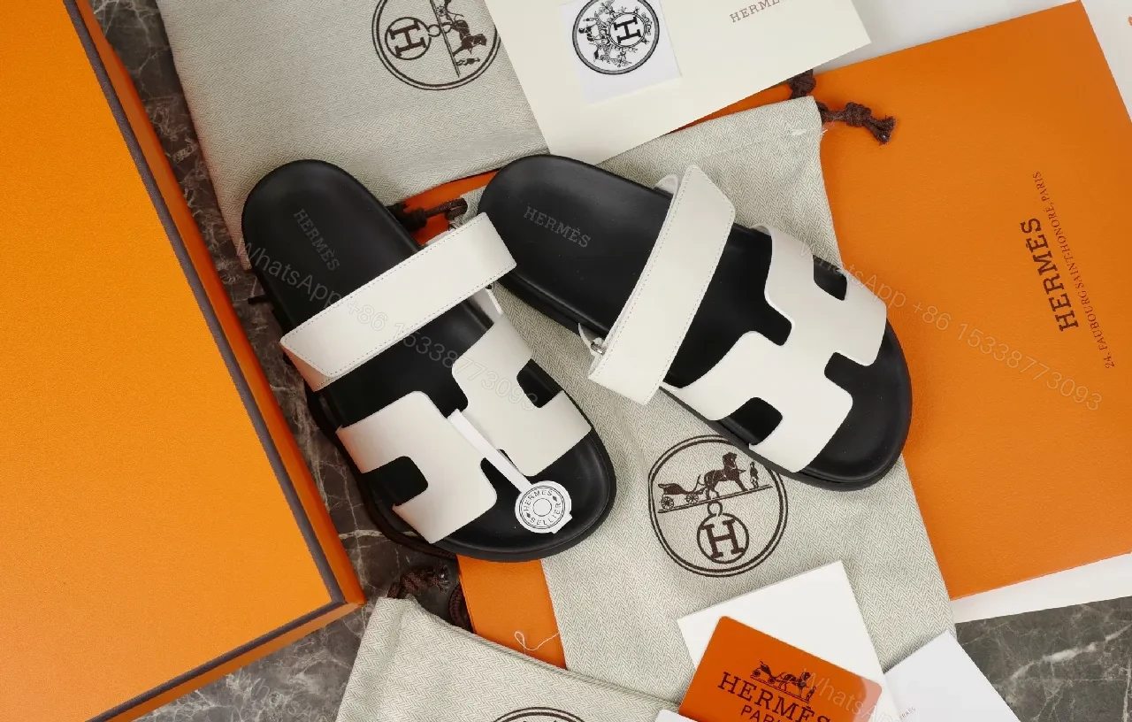 View 5 of Minimalist White Leather Sandals with Black Footbed and Hermes-Inspired Hardware