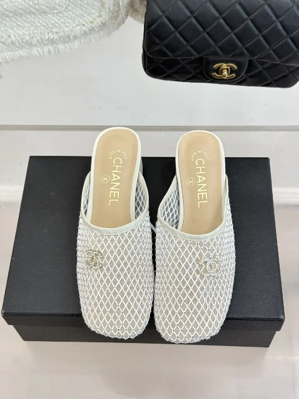 View 3 of White Mesh Mules Silver Heel Classic Chanel Style Slippers