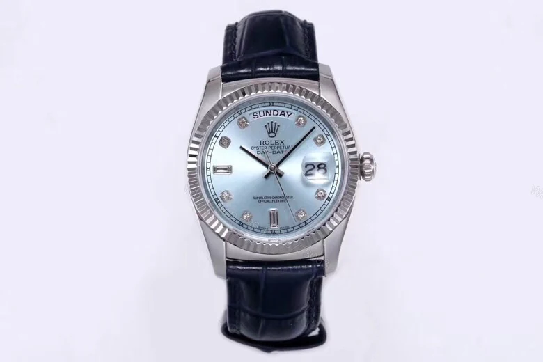 高仿 Rolex 總統表淺藍盤鋼殼皮帶星期日历高仿男士腕錶 — view 1