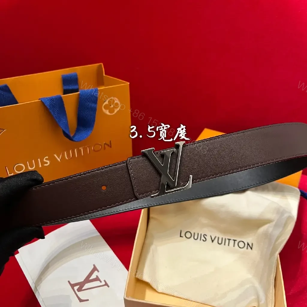 View 7 of Rich Brown Leather Belt with LV-Inspired Buckle
