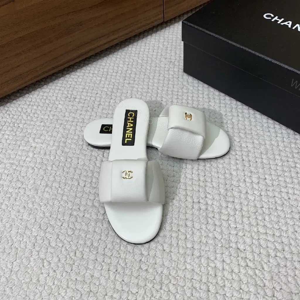 View 7 of White Leather Chanel-Logo Slide Sandals
