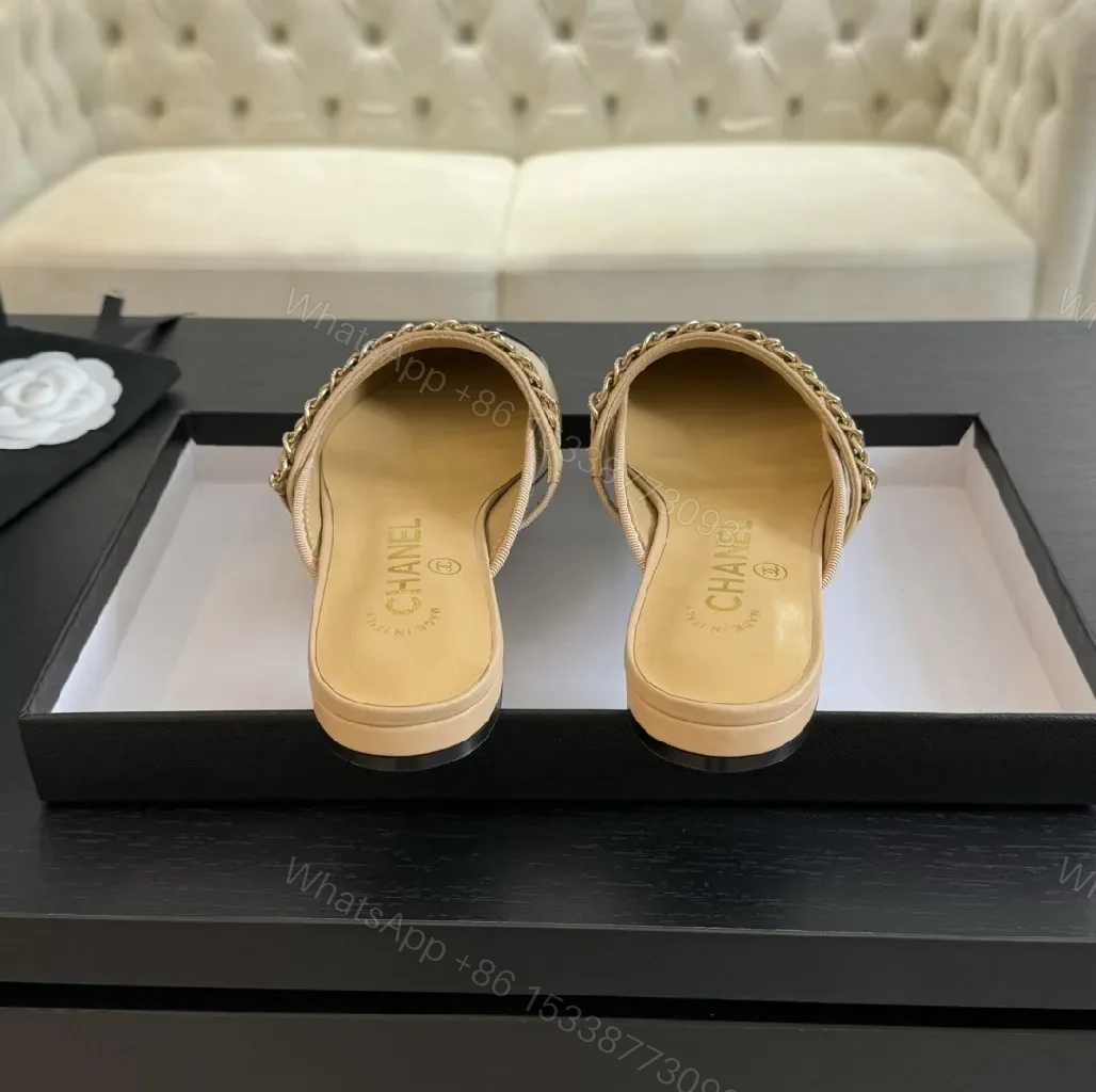 View 4 of Two-Tone Leather Slide with Chain Detail, Luxury Style