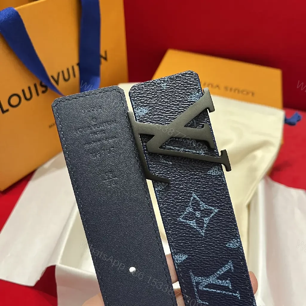 View 4 of Dark Blue/Black LV Patterned Canvas Belt with Bold Oversized Monogram Buckle