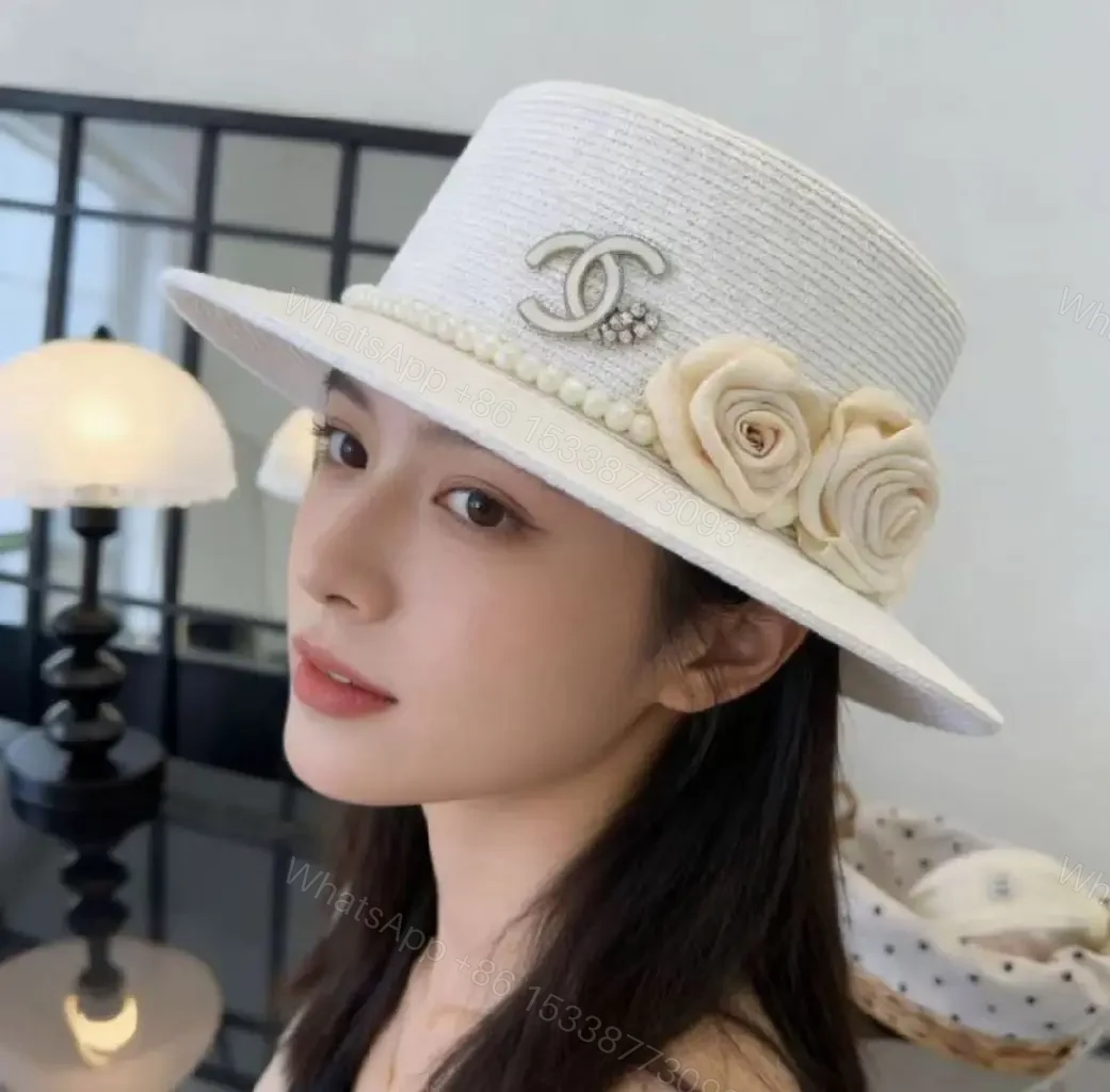 View 5 of White Straw Hat, Elegant Chic Fedora, Pearl Band, Roses, Chanel Charm, Wide-Brimmed Hat