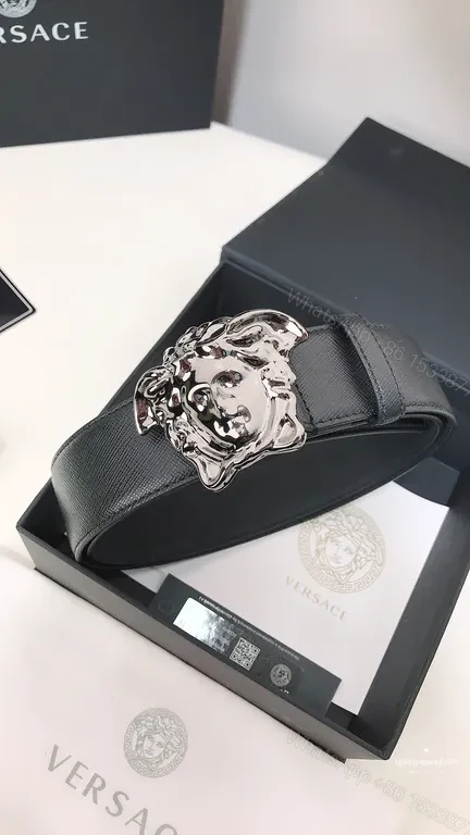 View 4 of Medusa Buckle Belt: Black Leather, Pebbled, Luxury Versace Belt