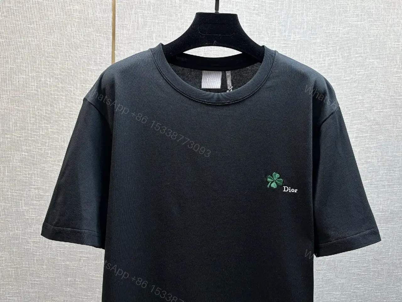 View 4 of Black Cotton T-Shirt with Green Clover Embroidery, Dior-inspired Style, Logo Feature, T-Shirt
