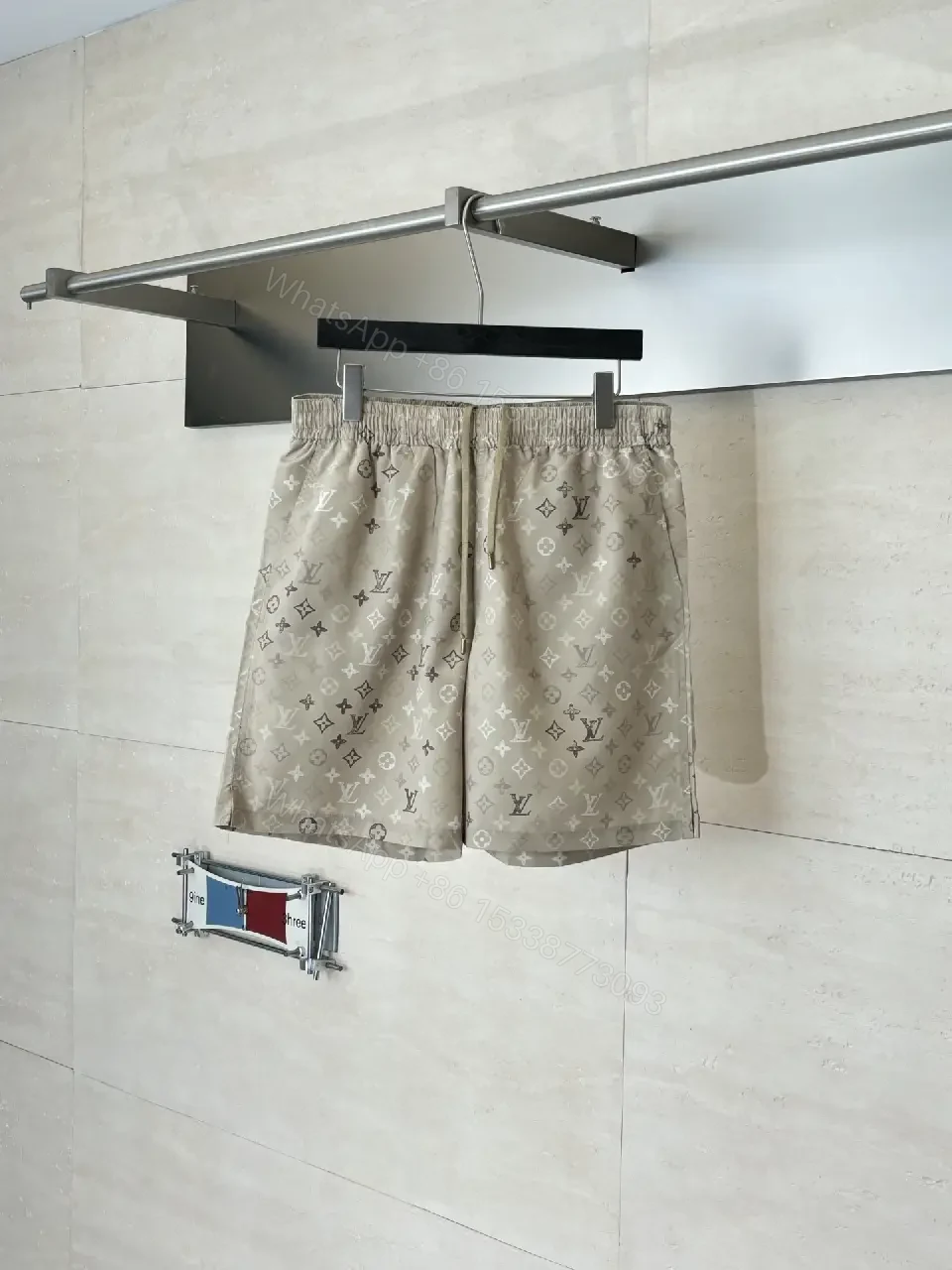 View 5 of Beige LV Monogram Print Linen Shorts Casual Comfort Jogger shorts