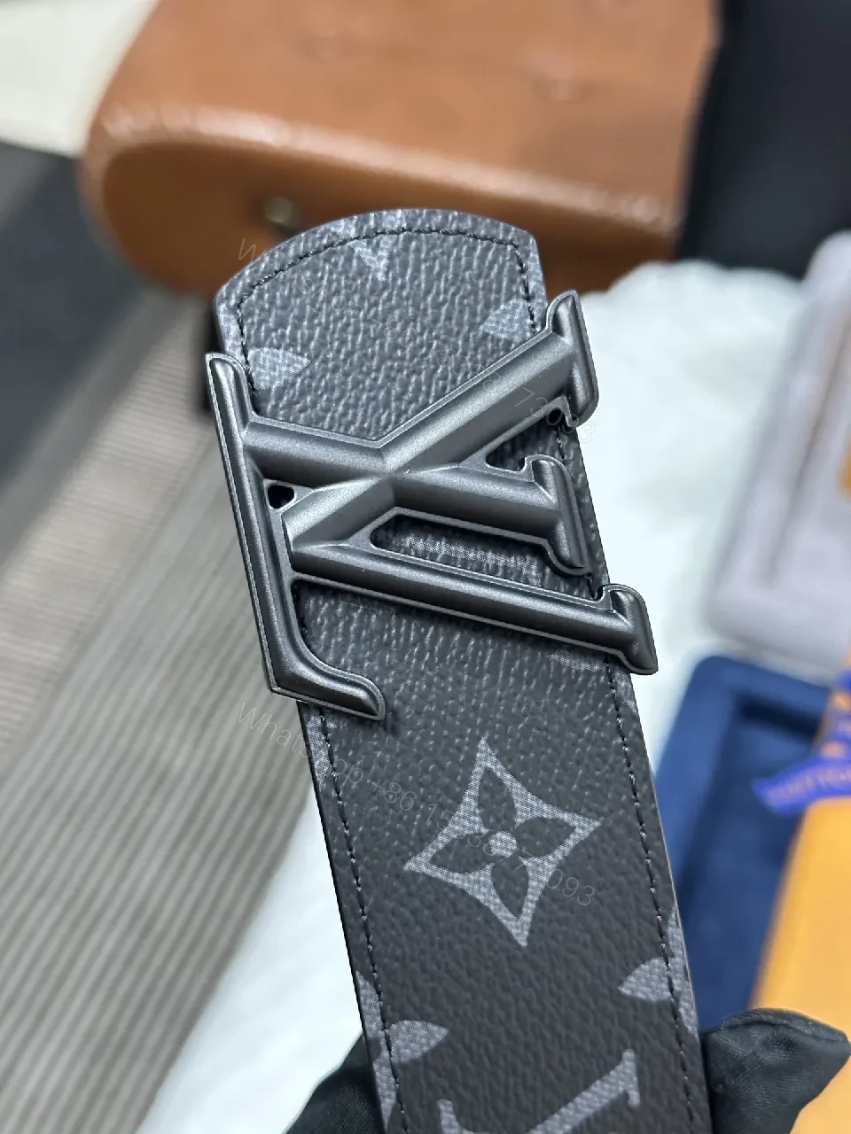 View 9 of Black Matte Canvas Belt, Gunmetal Buckle, 30mm, Monogram Luxe