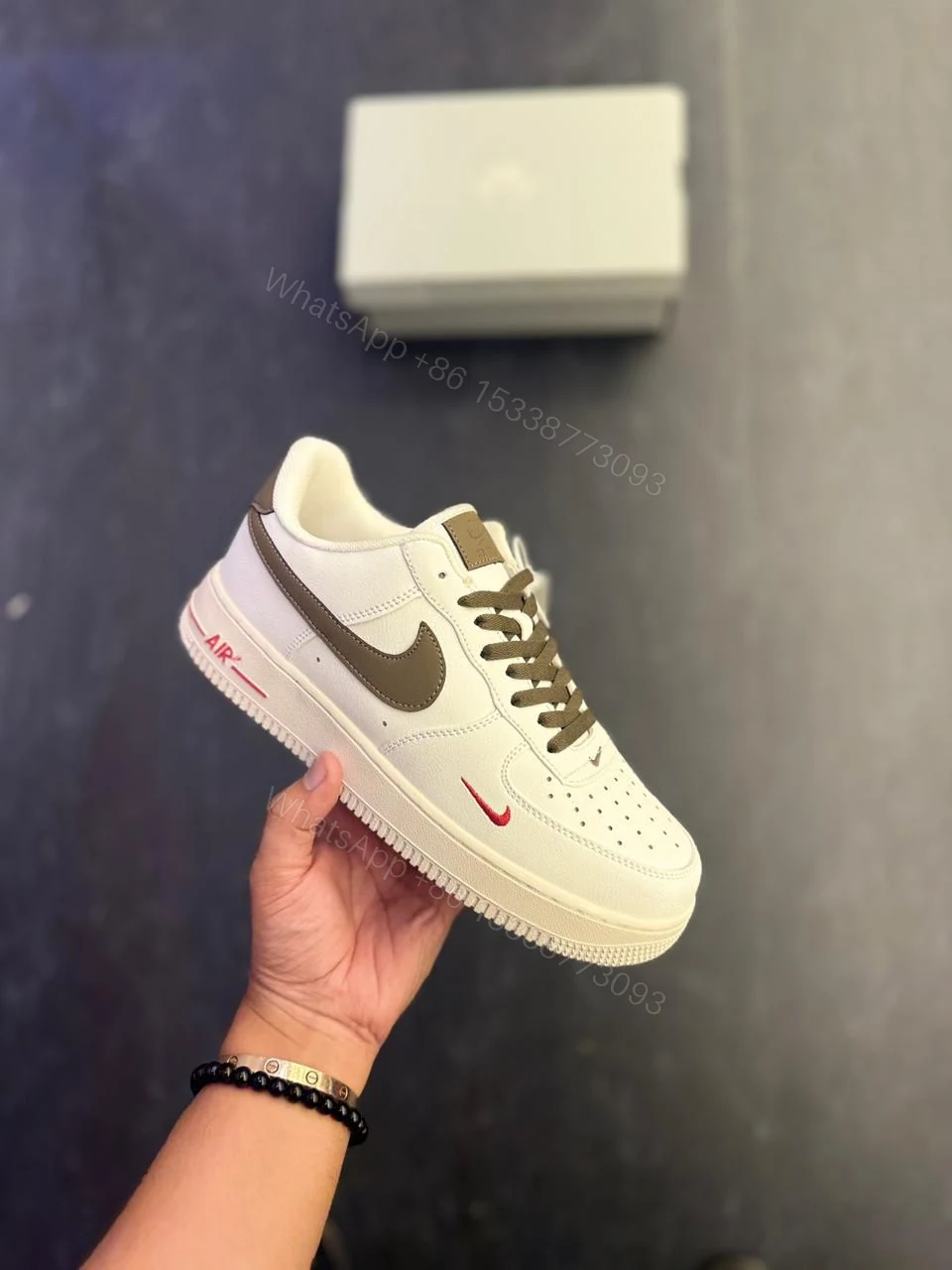 View 7 of First Copy Nike Air Force 1 White Sneakers with Brown Swoosh