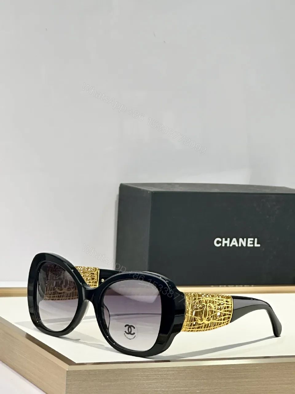 View 4 of Gold-Textured Luxury Sunglasses: Oversized Round, UV400, Acetate