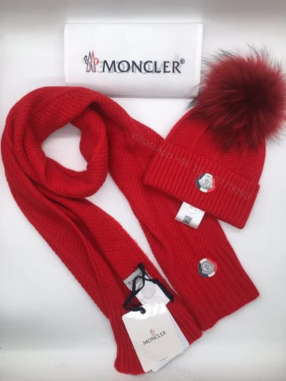 View 2 of Vibrant Red Moncler Knit Set: Scarf & Beanie with Fur Pom-Pom