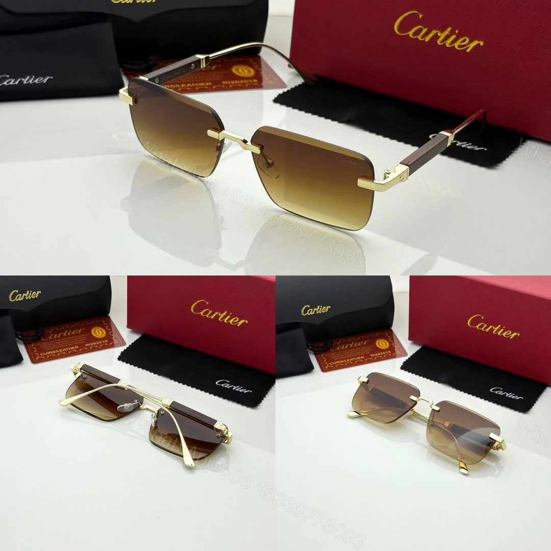 View 2 of First Copy Cartier Rimless Gold Square Sunglasses Brown Gradient Unisex UV Protection
