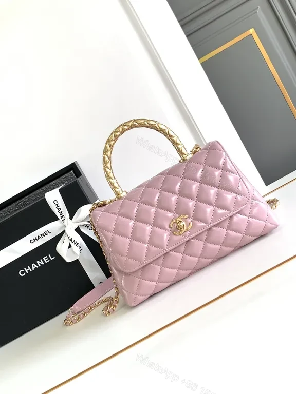 Soft-Gloss Quilted Pink Handbag with Gold Chain Top Handle — view 1