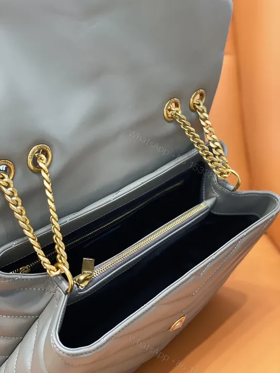 View 7 of Chevron Grey Leather Bag â€” MatelassÃ©, Gold YSL Hardware, Envelope Style