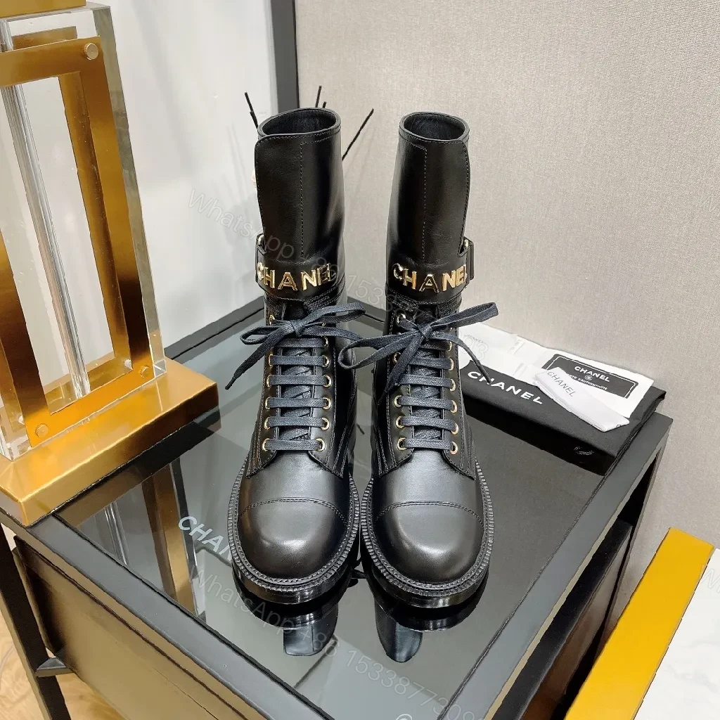 View 3 of Black Leather Combat Boots with Gold Hardware, Lug Sole, Cushioned Comfort