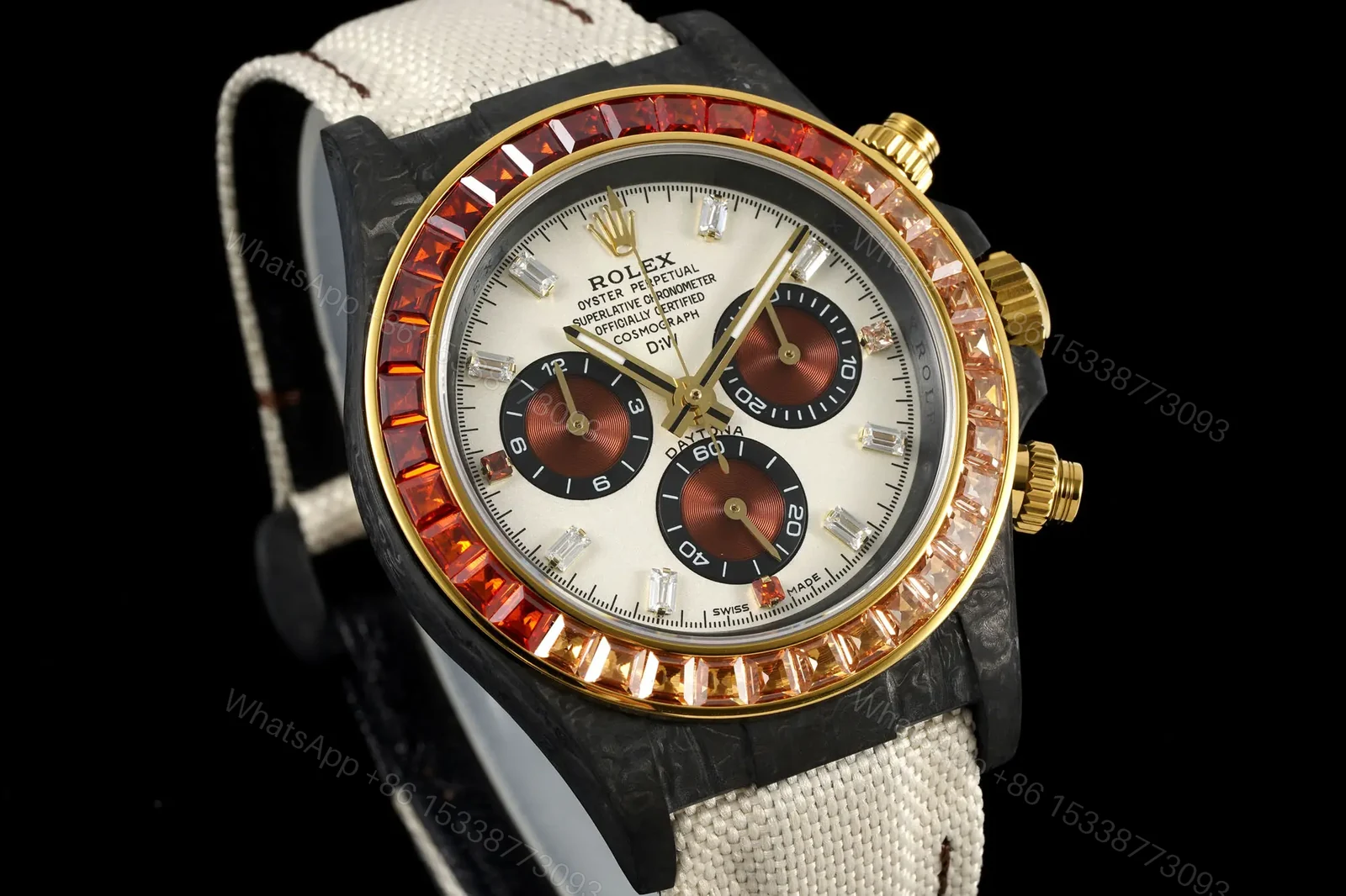 View 2 of Rolex Daytona 40mm Carbon Fiber Dial Rainbow Bezel White Strap Watch RLX-DAY-CARBON-40-RBW-WHT