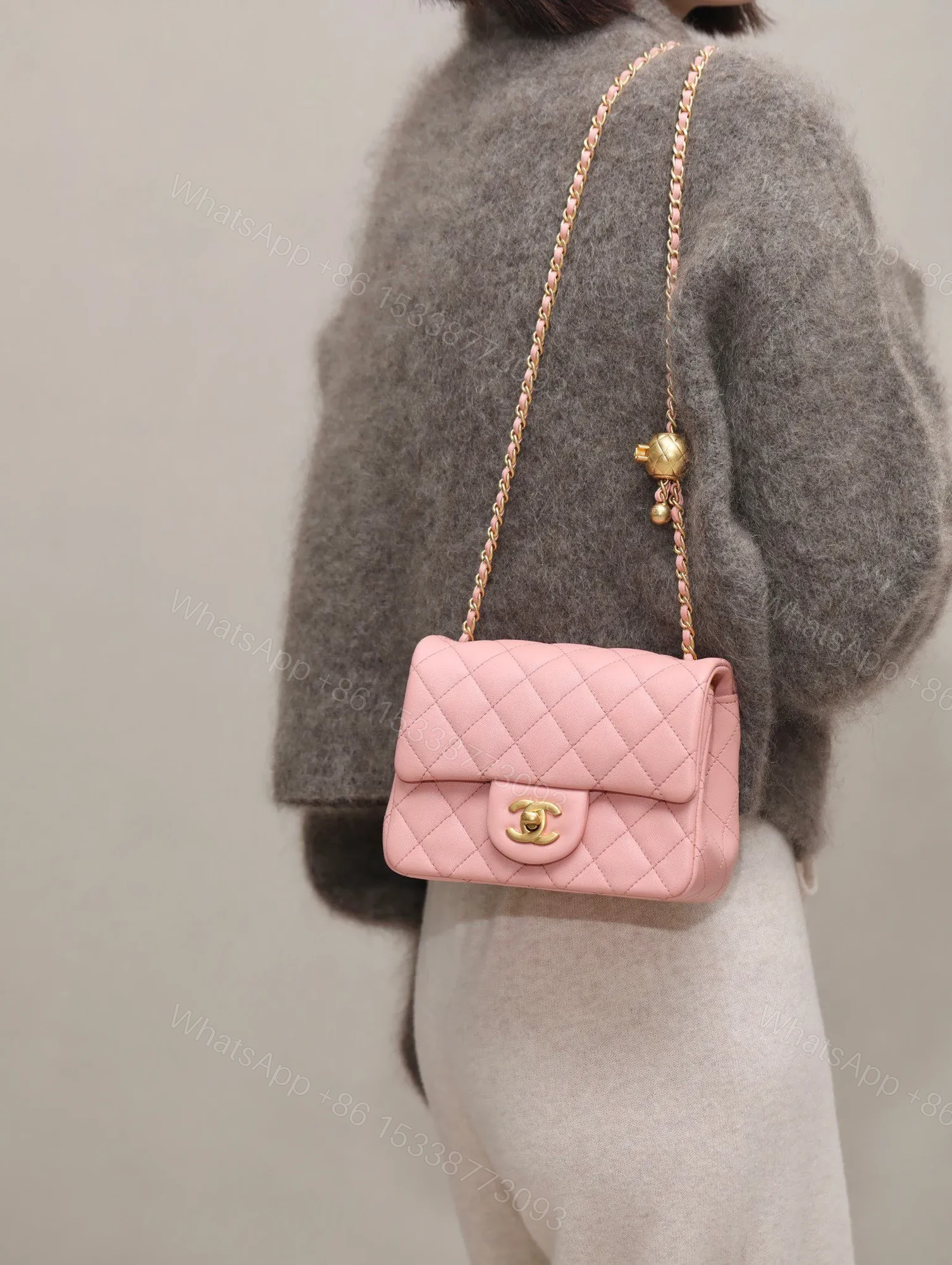 View 6 of Chanel Classic Woman’s 11 Handbag Pink With Bag Handle Bell 18cm