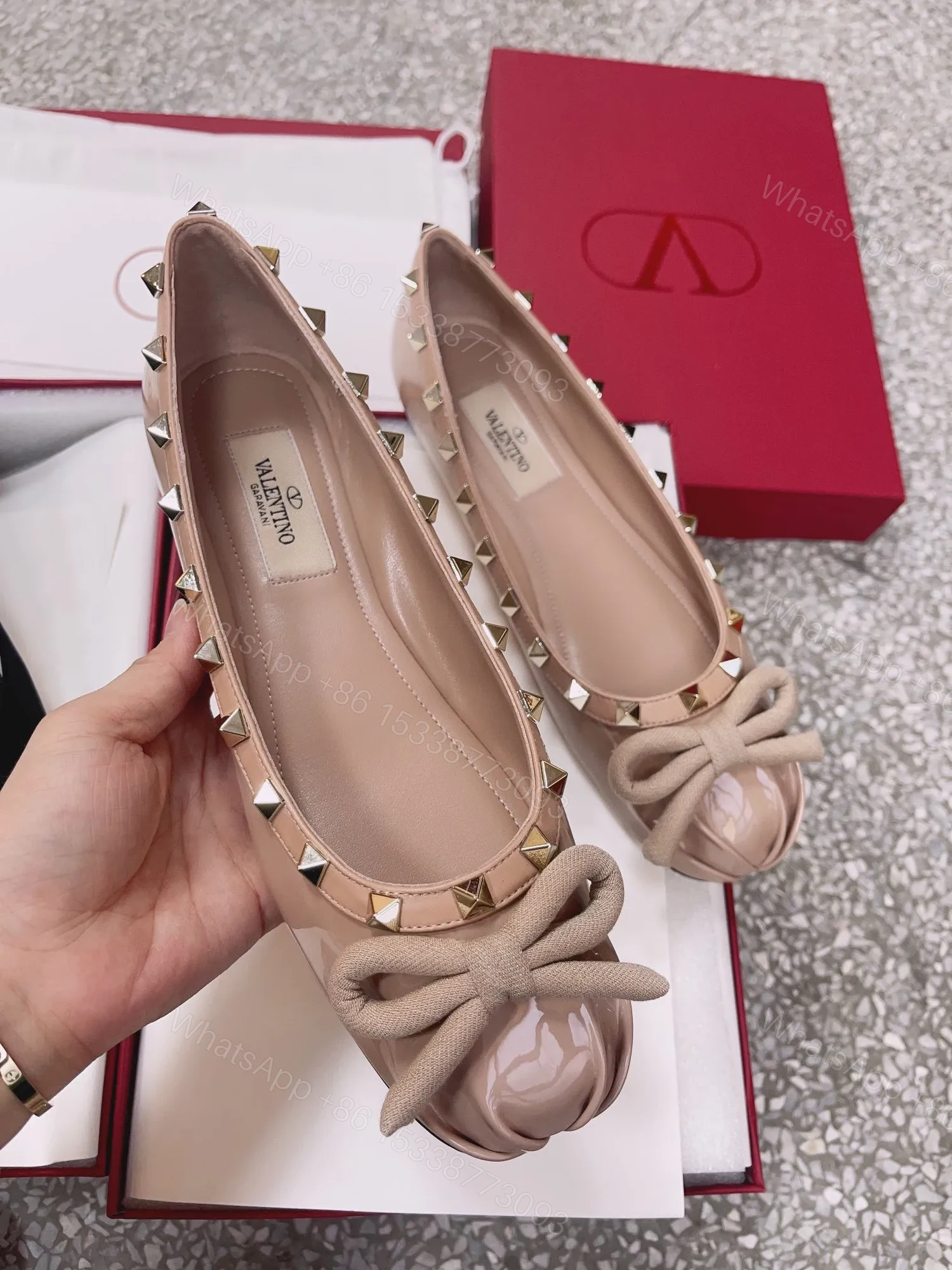 Valentino Women Nude Patent Leather Studded Flats — view 1