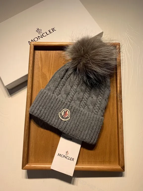 View 5 of Cozy Wool-Blend Beanie with Fur Pom â€” Moncler Style Warmth
