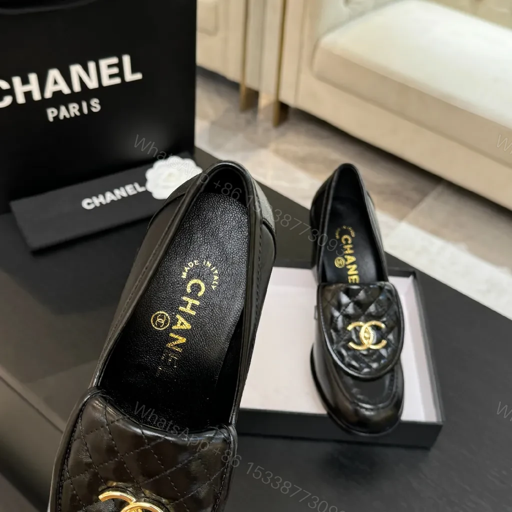 View 4 of Quilted Leather Loafers with Gold Logo, Chic Classic