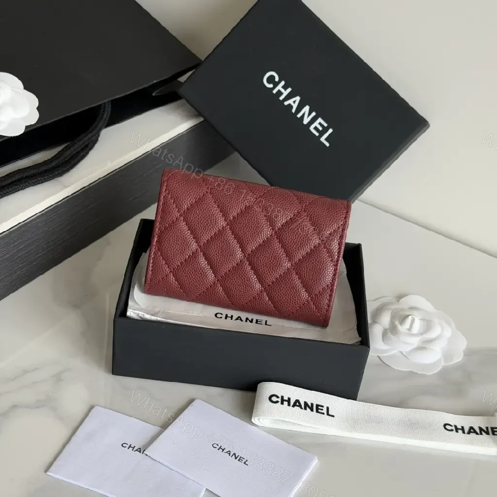 View 5 of Burgundy Quilted Leather Wallet — Gold Logo, Compact Bifold