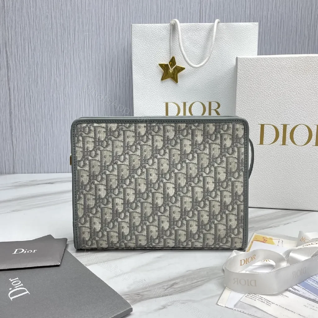 View 5 of Structured Monogram Wallet — Signature Pattern, Gold Hardware, Zippered Clutch