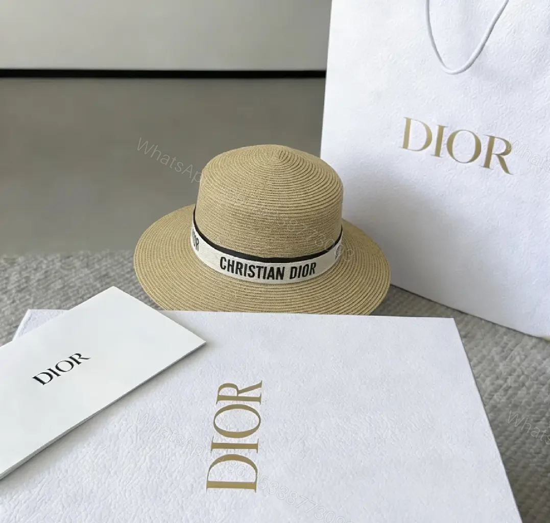 View 7 of Light Beige Straw Fedora Boater Hat with Black-White Band (Christian Dior)