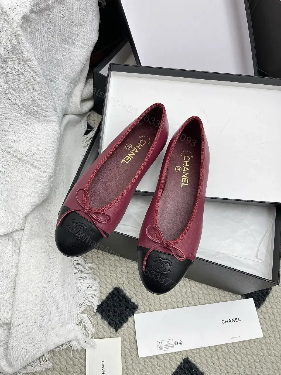 View 5 of Burgundy Satin + Black Leather Ballet Flat, Two-Tone, Comfort