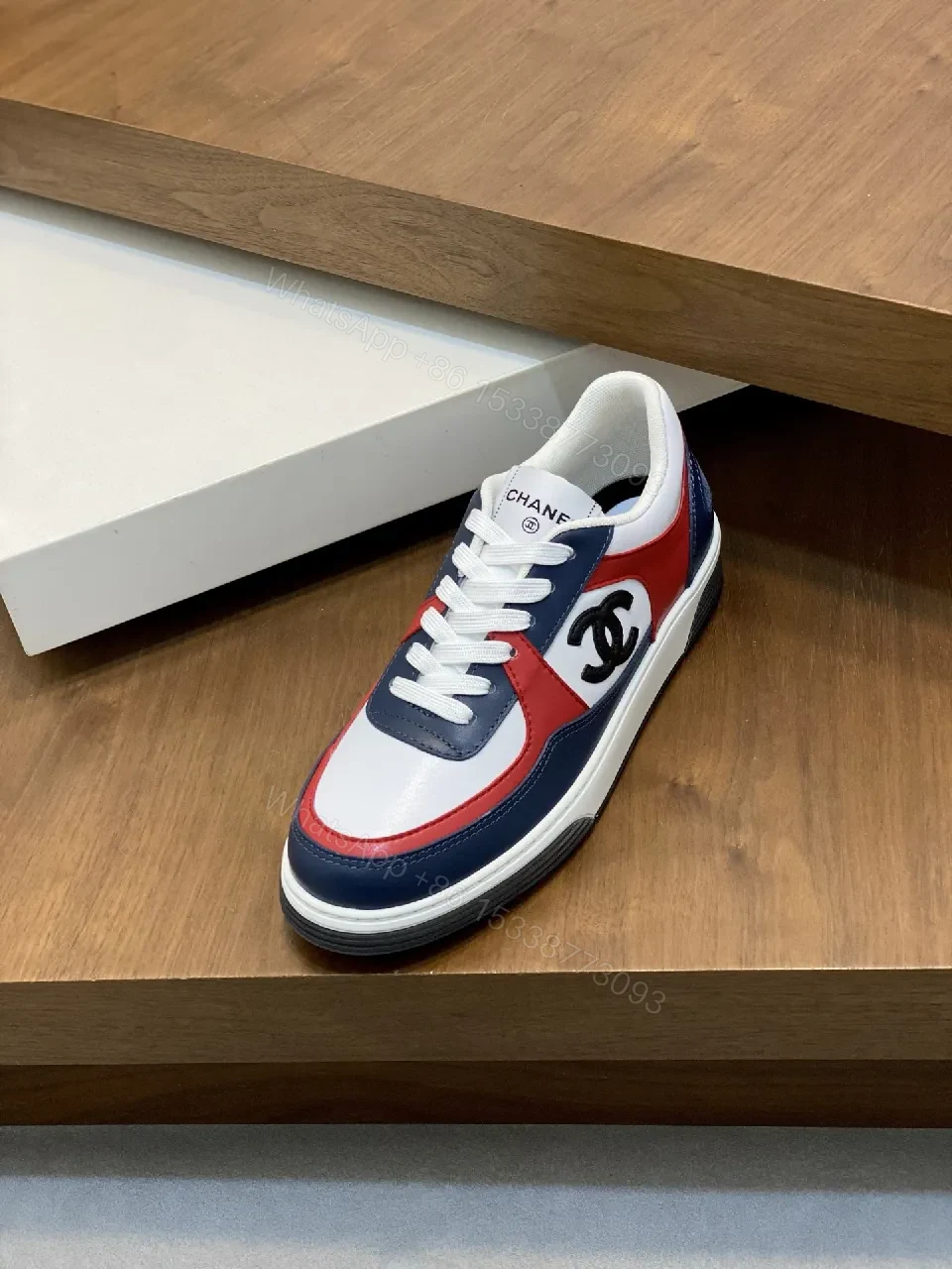 View 2 of Bold Color-Blocked Leather Sneakers with Logo Detail