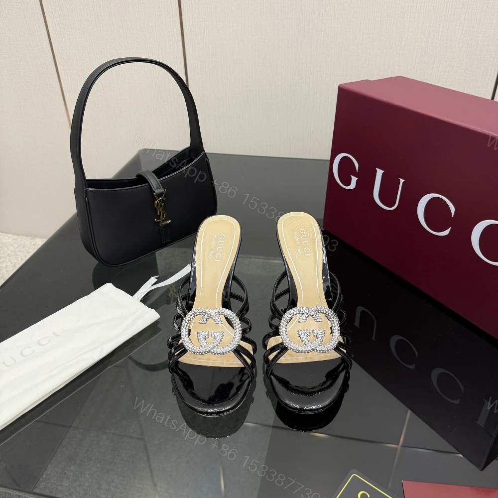 View 3 of Gucci Women Slide Sandal With Crystal Interlocking G Black