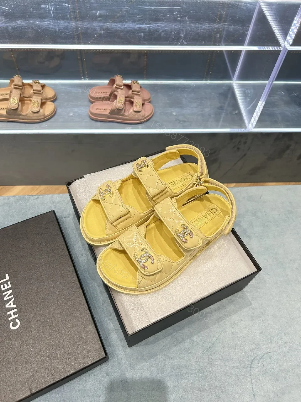Soft-Yellow Quilted Sandals with Logo Hardware - Luxury Comfort Sandals — view 1