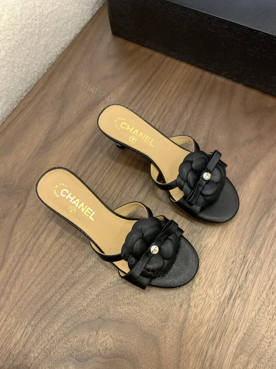 View 8 of Black Satin Slide with Floral Appliqué, Luxe Casual Slide