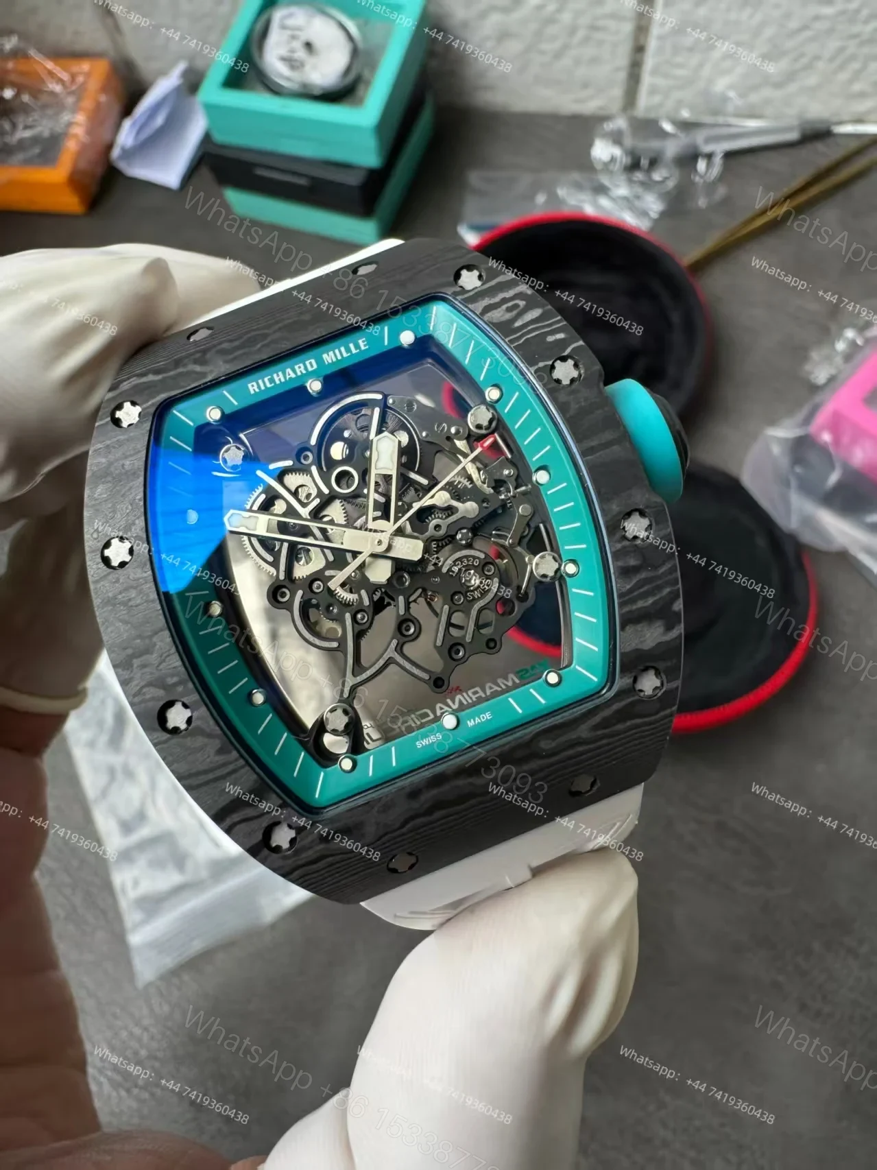View 8 of Richard Mille RM 055 “Yas Marina Circuit” Carbon TPT Vaucher Free-Sprung White Rubber Strap Custom Super Clone