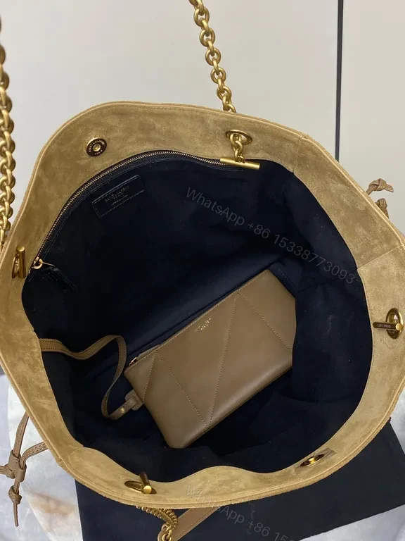 View 5 of Taupe Suede-Like Quilted Tote with Chain Detail - Luxe Precision