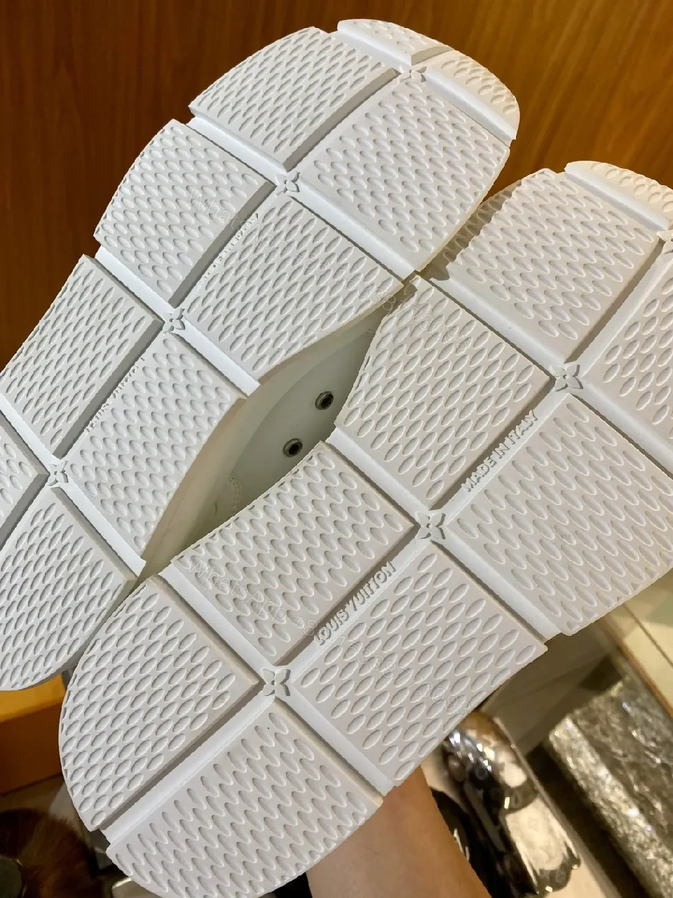 View 3 of White Leather Minimal Sneakers with LV-Inspired Accent