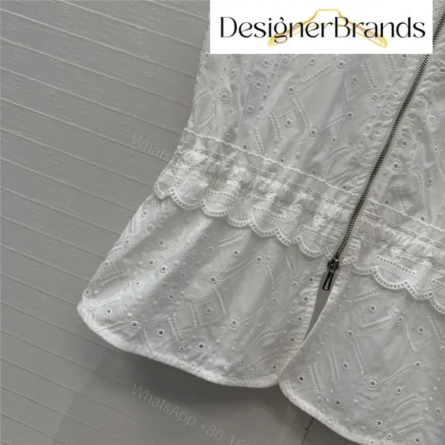 View 5 of Hermes White Lace-Embroidered Sleeveless Zip-Up Top