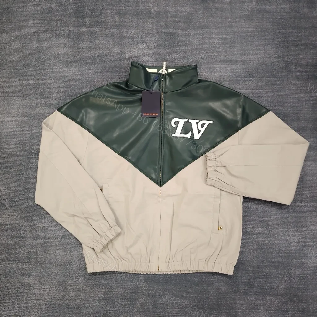 Color-blocked Leather-Texture Windbreaker with LV-Inspired Accent — view 1