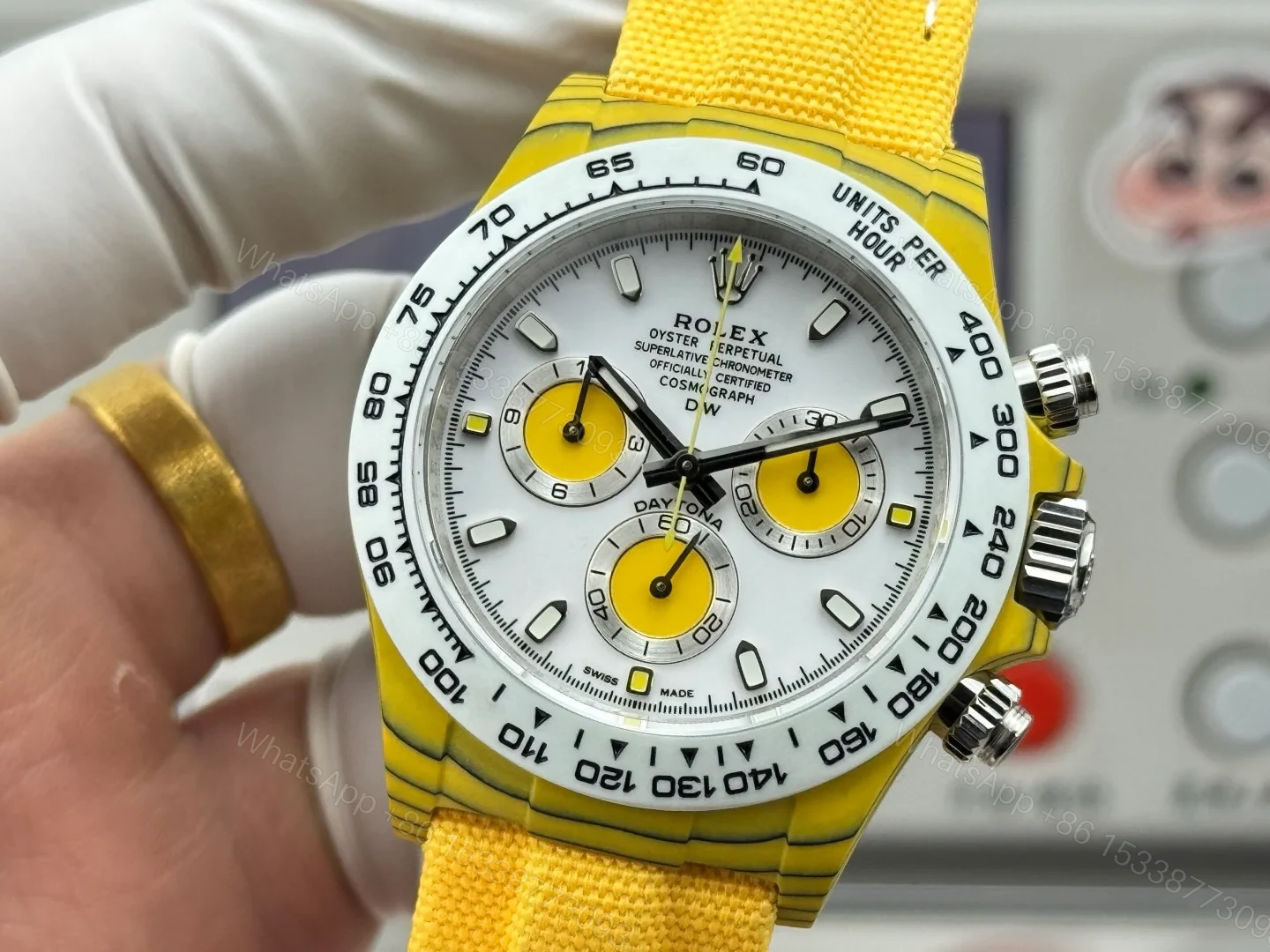 View 5 of Rolex Daytona Yellow Carbon Fiber Replica 40MM Premium White Dial Yellow Fabric Strap RG-DAYTONA-YELLOW-CF-40