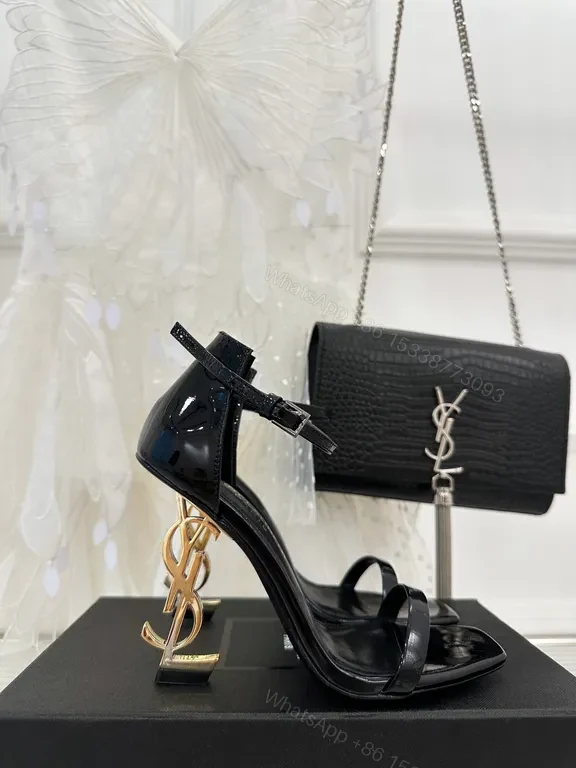View 4 of Chic Patent-Strap Sandals Saint Laurent, Black, Open-Toe Stilettos
