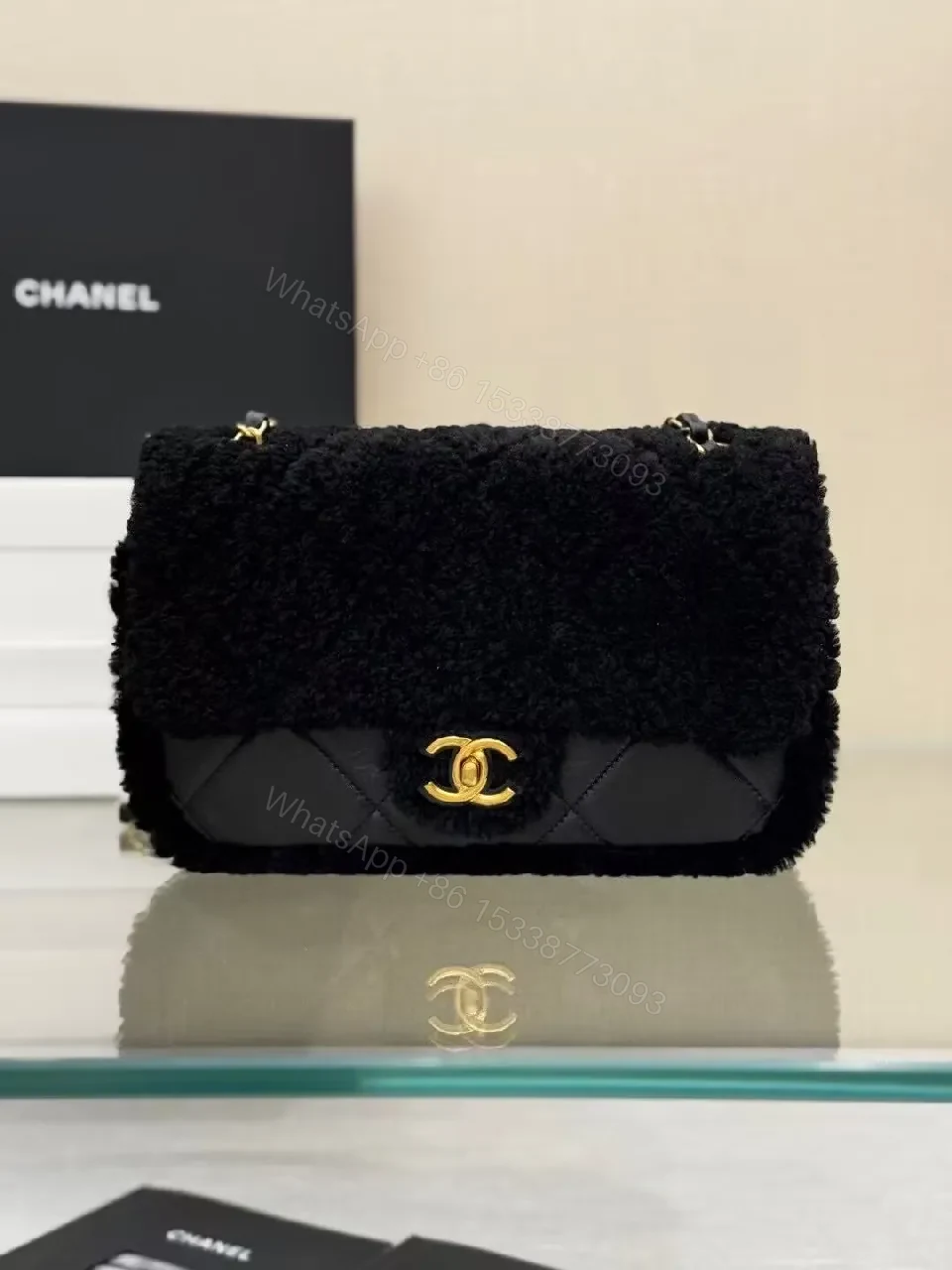 Lux Black Shearling Clutch with Gold Logo — view 1