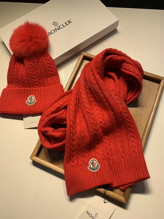 View 2 of Bold Red Cable Knit Beanie + Scarf Set by Moncler, Unisex Premium Knit