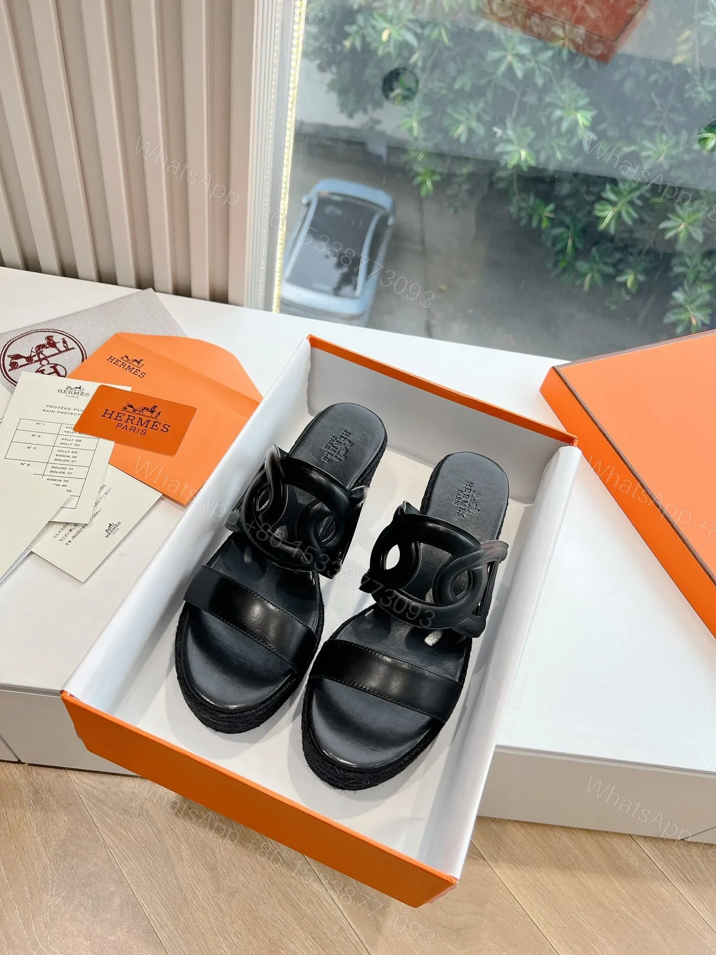 View 3 of Hermes Women Black Leather Slip-On Sandals
