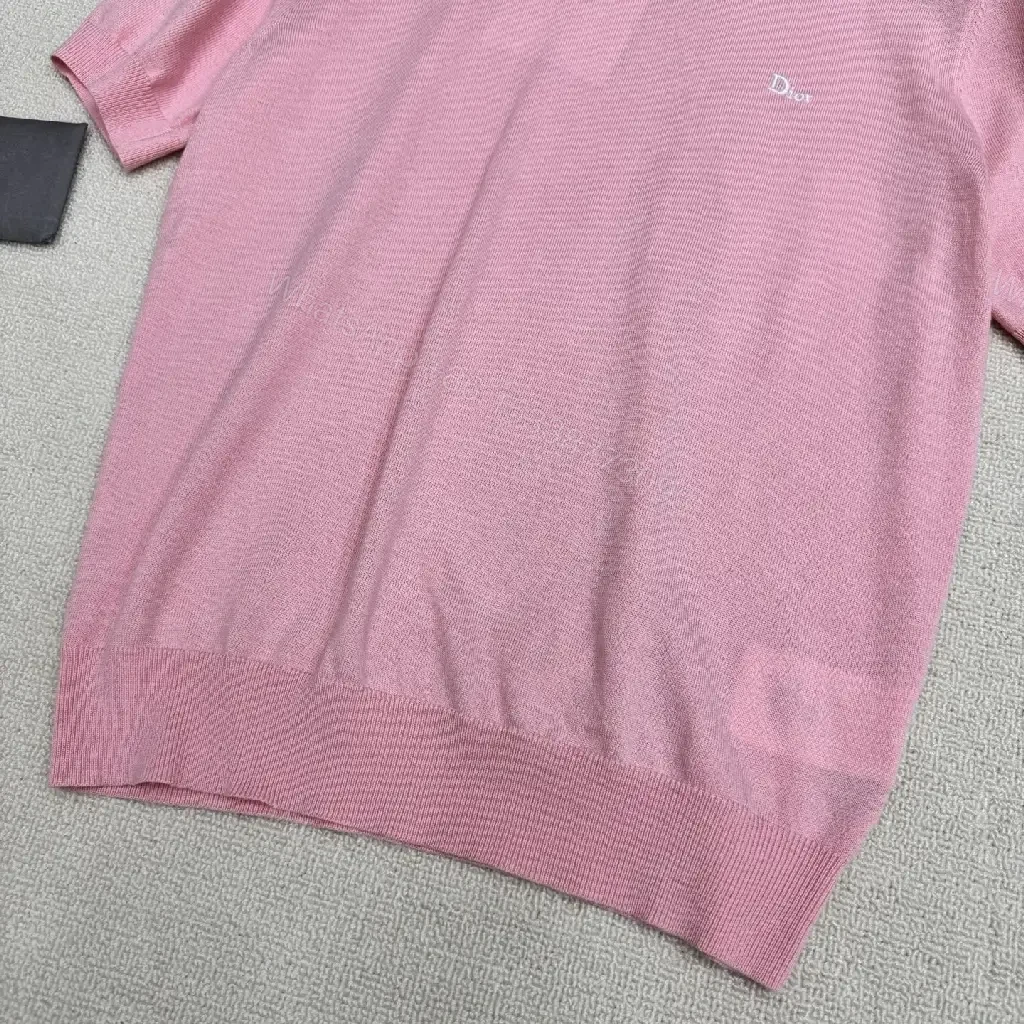 View 8 of Pink Cotton Knit Short Sleeve Dior Style with Logo Key Feature Tee