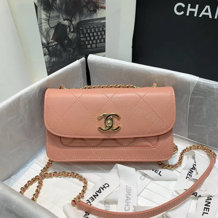 View 8 of Soft Pink Quilted Lambskin Bag with Chain Strap