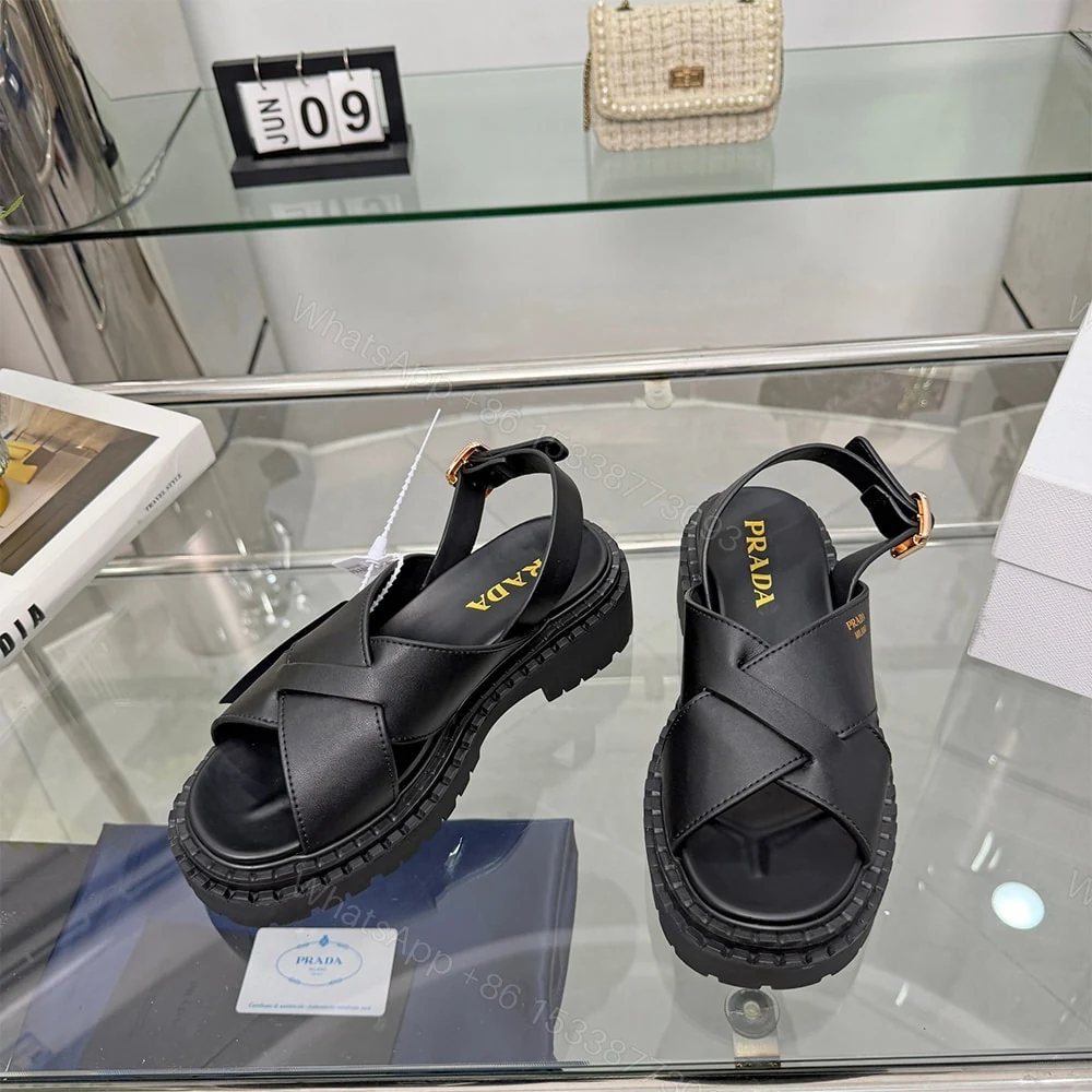 View 5 of PRADA Crisscross Leather Sandals 914970