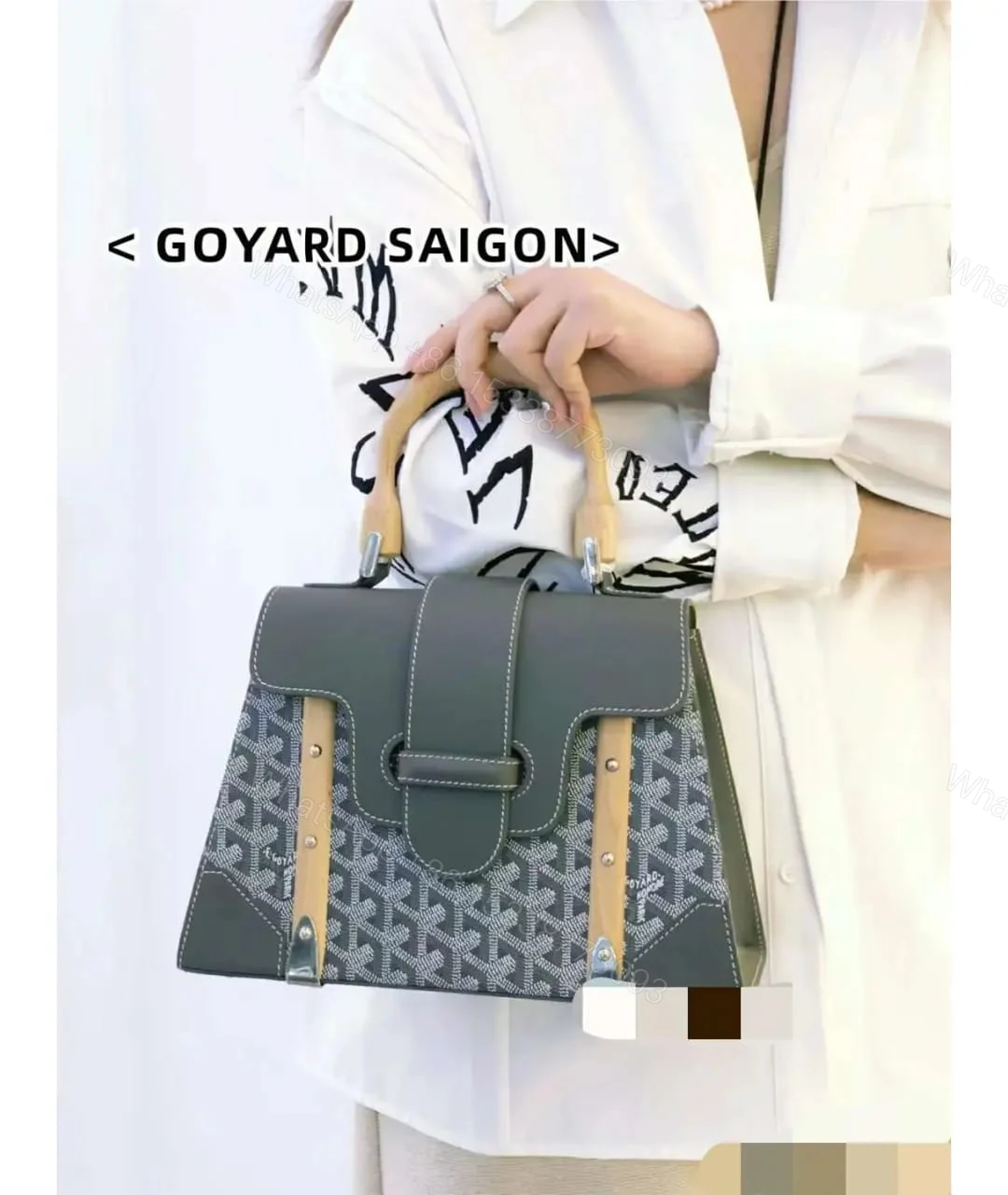 Goyard Goyardine Saigon Grey Big PM Top Wooden Handle Bag First Copy | AAA+ Replica — view 1