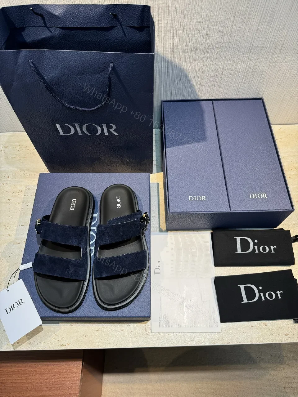 View 3 of Premium Navy Suede Dior-Style Sandals with Bold Straps