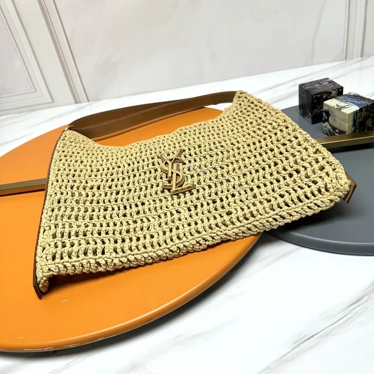 View 5 of Natural Tan Woven Straw Shoulder Bag â€” Luxury, Breathable, YSL Emblem
